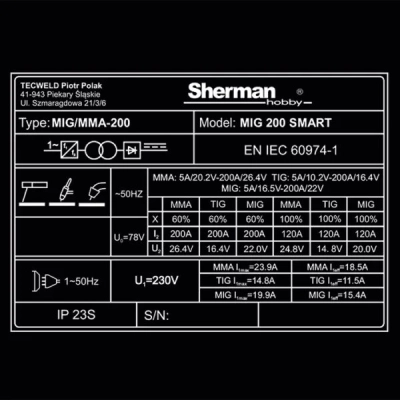Spawarka inwertorowa Sherman MIG 200 SMART + zestaw